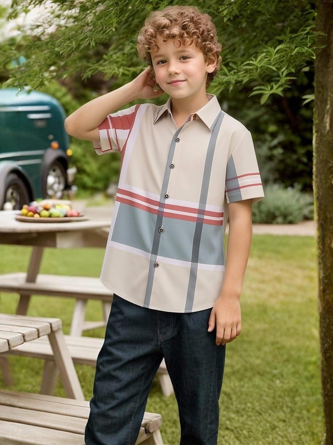 imageAlex Vando Boys Button Down Shirts Short Sleeve Wrinkle Free 4Way Stretch Print Casual ShirtRedGrey
