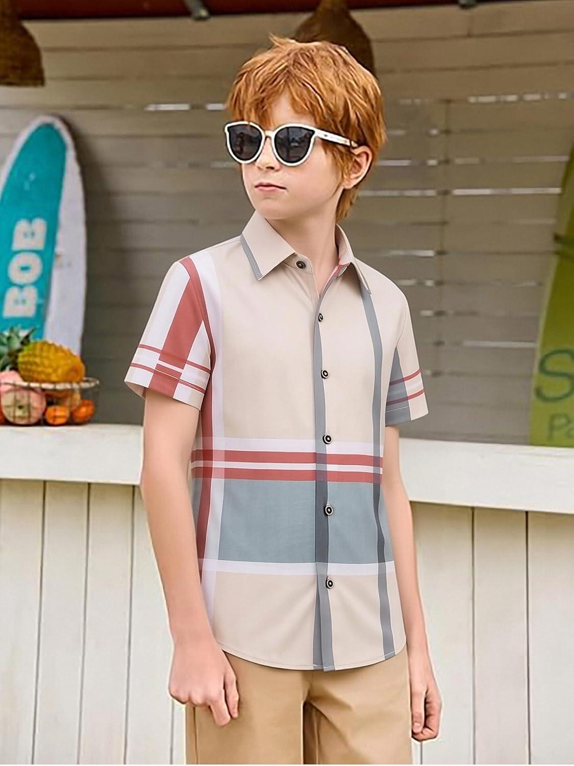 imageAlex Vando Boys Button Down Shirts Short Sleeve Wrinkle Free 4Way Stretch Print Casual ShirtRedGrey