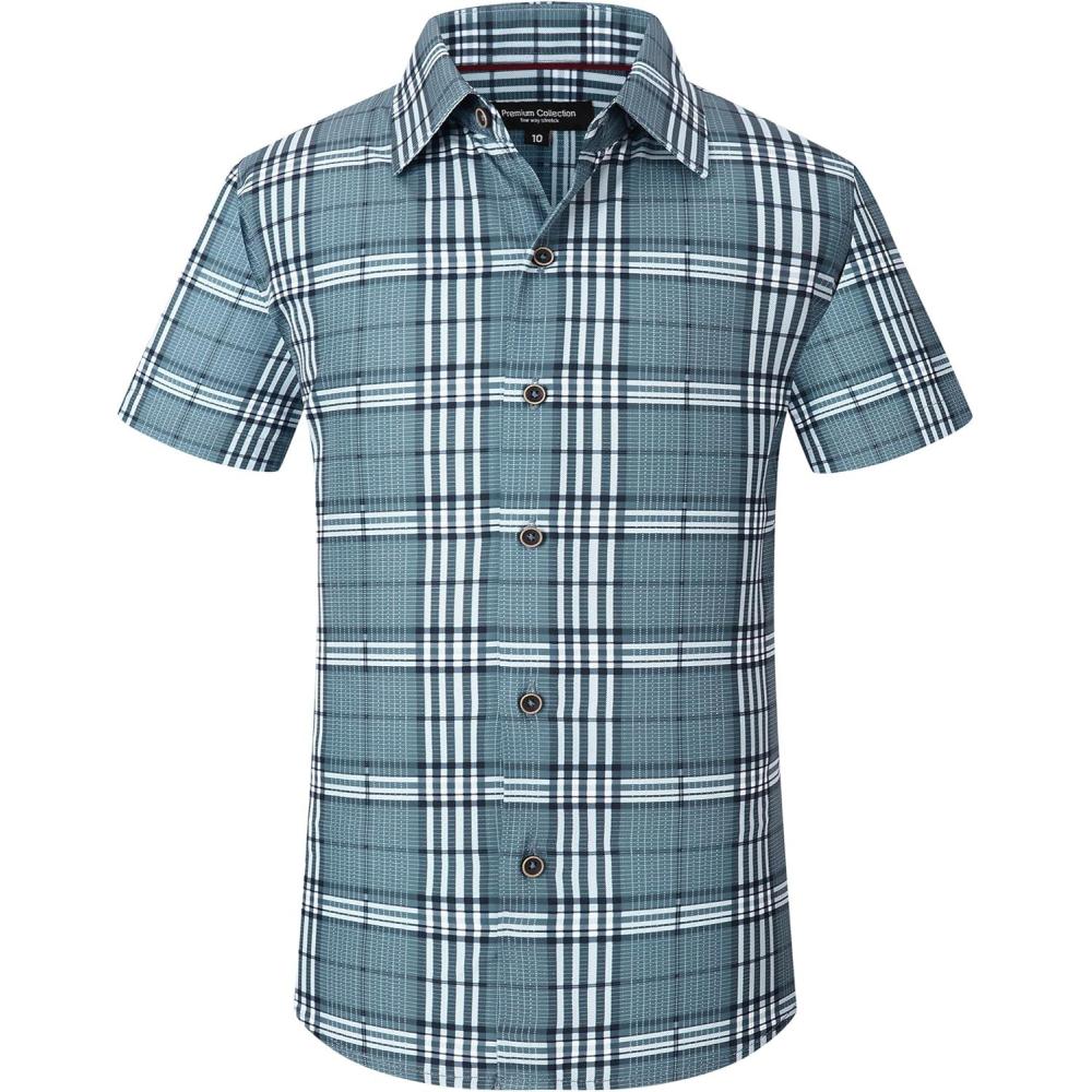 imageAlex Vando Boys Button Down Shirts Short Sleeve Wrinkle Free 4Way Stretch Print Casual Shirt13 Dustyblue White