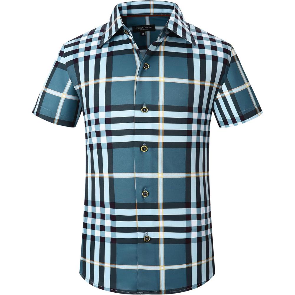 imageAlex Vando Boys Button Down Shirts Short Sleeve Wrinkle Free 4Way Stretch Print Casual Shirt29 DustyblueWhite