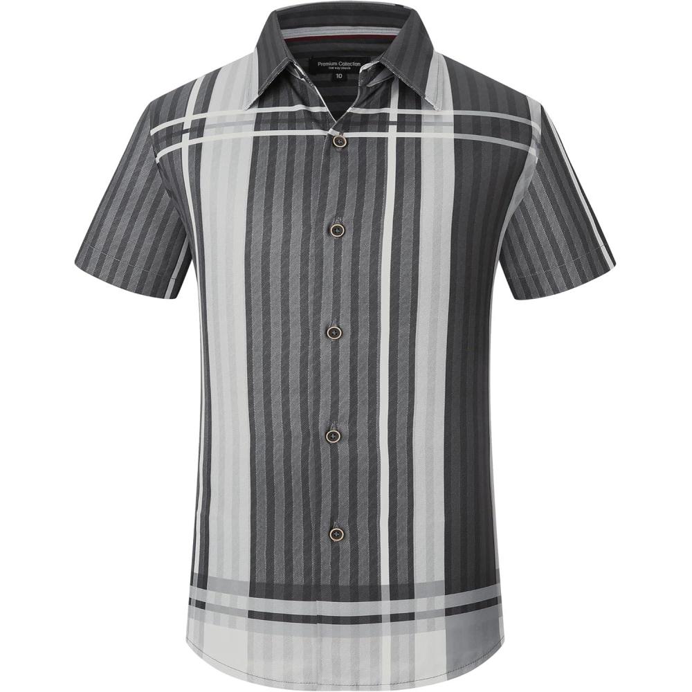 imageAlex Vando Boys Button Down Shirts Short Sleeve Wrinkle Free 4Way Stretch Print Casual ShirtBlackGrey