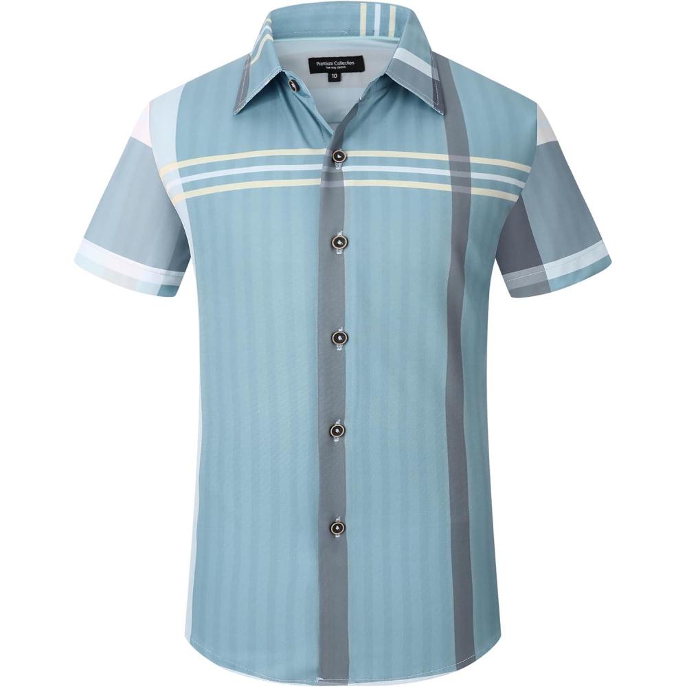 imageAlex Vando Boys Button Down Shirts Short Sleeve Wrinkle Free 4Way Stretch Print Casual ShirtBlueGrey