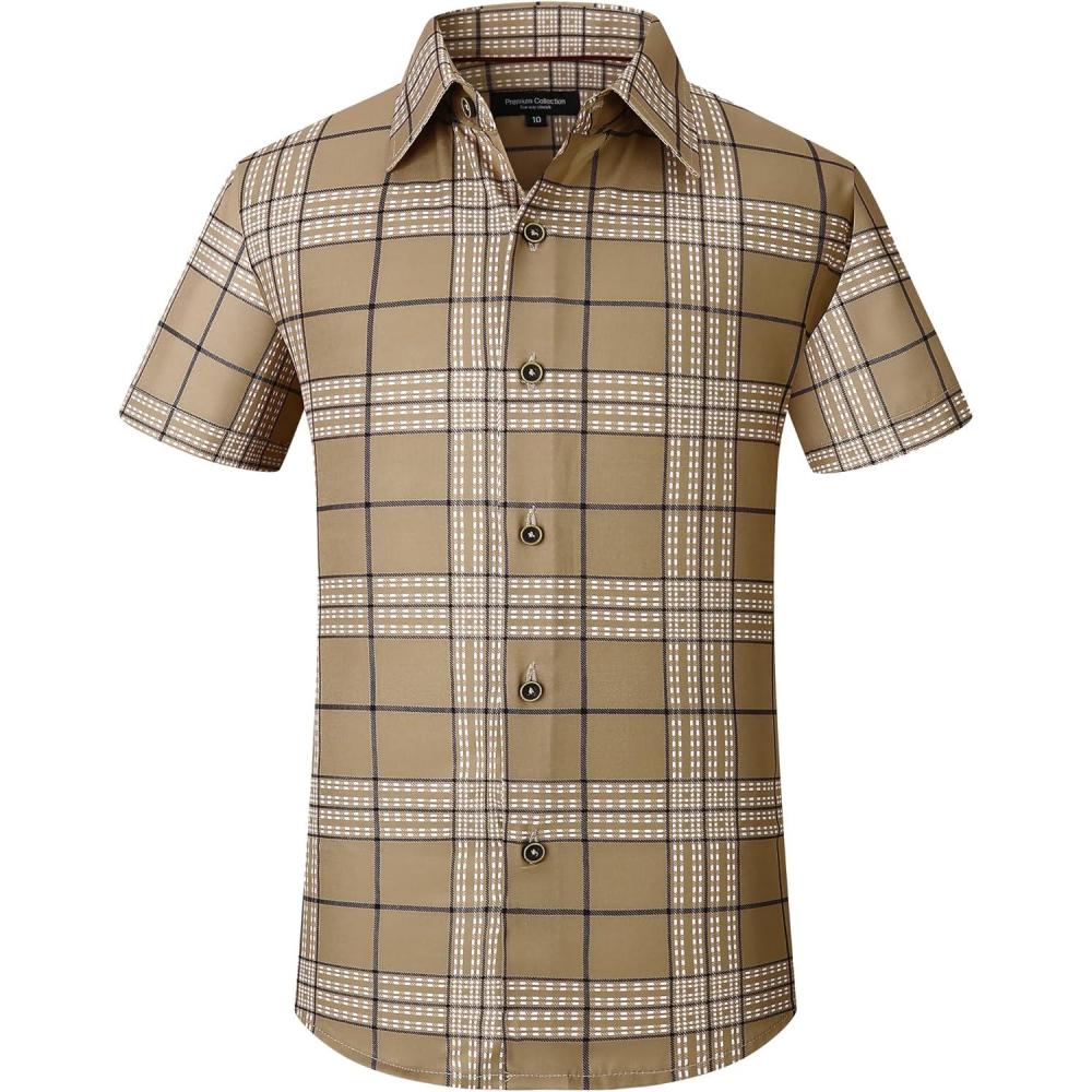 imageAlex Vando Boys Button Down Shirts Short Sleeve Wrinkle Free 4Way Stretch Print Casual ShirtKhaki