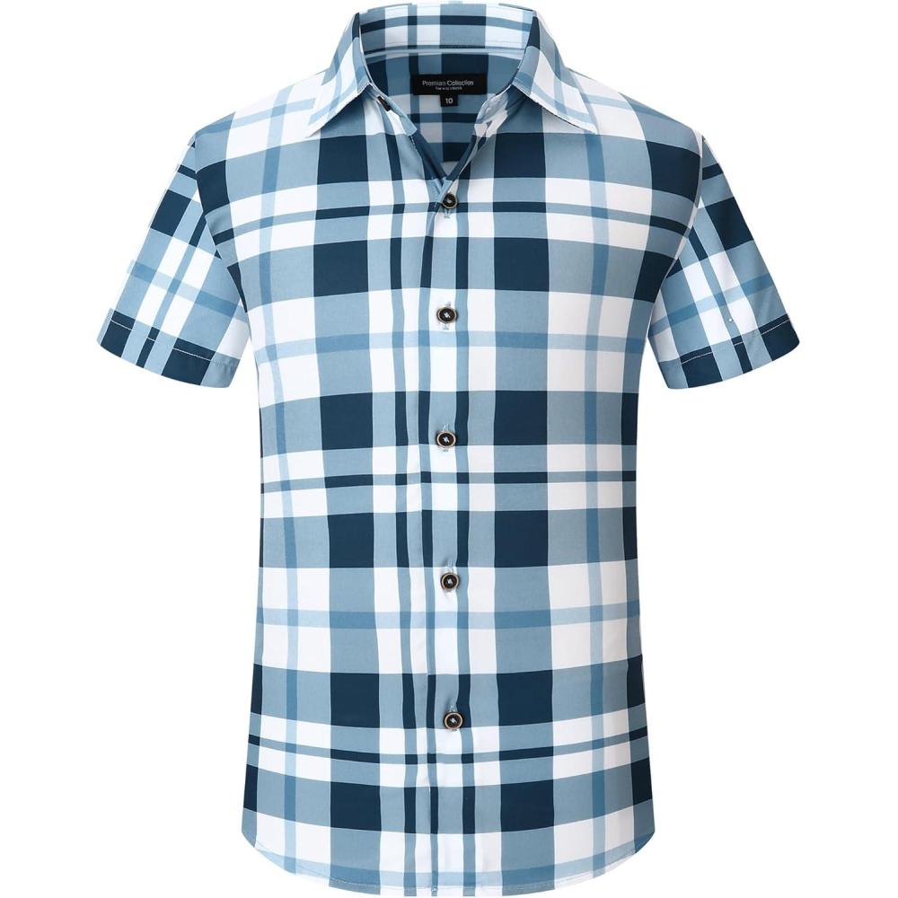 imageAlex Vando Boys Button Down Shirts Short Sleeve Wrinkle Free 4Way Stretch Print Casual ShirtNavy White