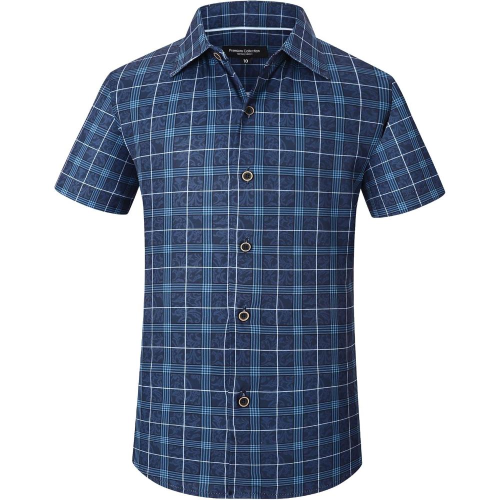 imageAlex Vando Boys Button Down Shirts Short Sleeve Wrinkle Free 4Way Stretch Print Casual ShirtNavy With Print