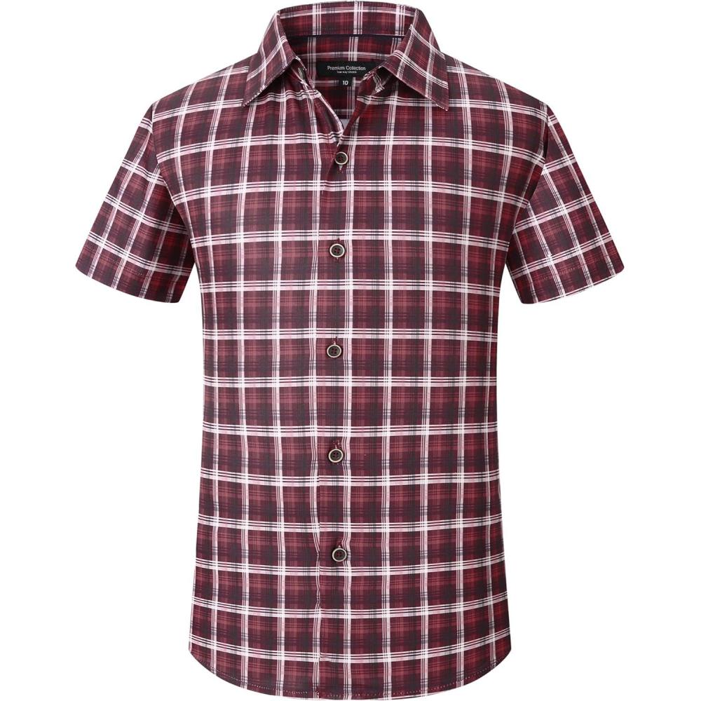 imageAlex Vando Boys Button Down Shirts Short Sleeve Wrinkle Free 4Way Stretch Print Casual ShirtRedBlack