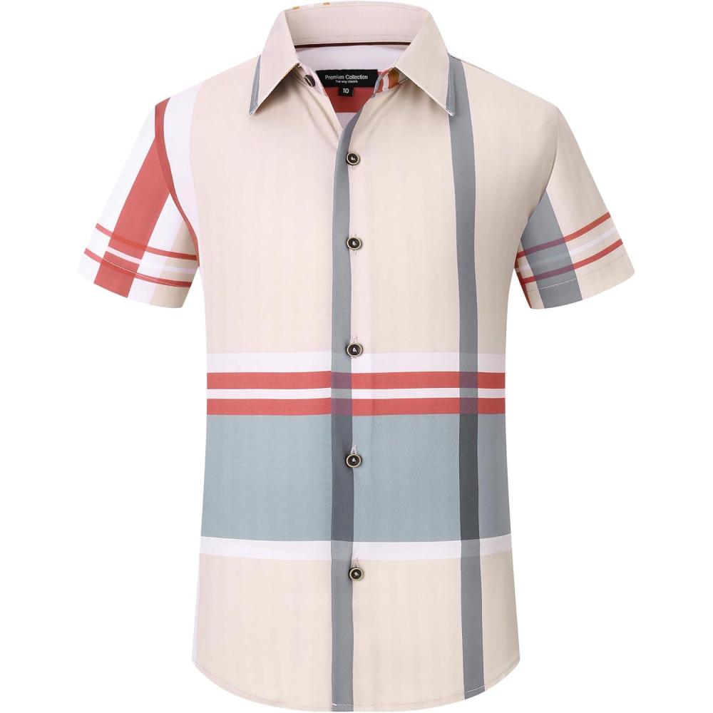 imageAlex Vando Boys Button Down Shirts Short Sleeve Wrinkle Free 4Way Stretch Print Casual ShirtRedGrey