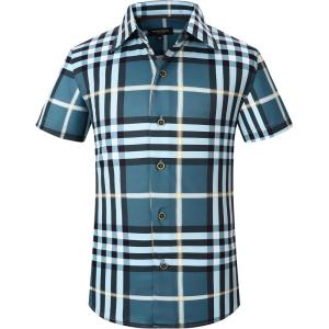 Alex Vando Boys Button Down Shirts Short Sleeve Wrinkle Free 4-Way Stretch Print Casual Shirt(29 Dustyblue/White)