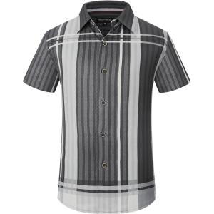 Alex Vando Boys Button Down Shirts Short Sleeve Wrinkle Free 4-Way Stretch Print Casual Shirt(Black/Grey)