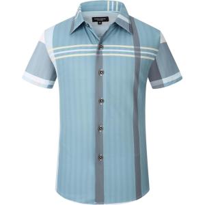 Alex Vando Boys Button Down Shirts Short Sleeve Wrinkle Free 4-Way Stretch Print Casual Shirt(Blue/Grey)