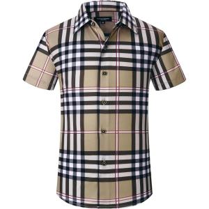 Alex Vando Boys Button Down Shirts Short Sleeve Wrinkle Free 4-Way Stretch Print Casual Shirt(Borwn/White)