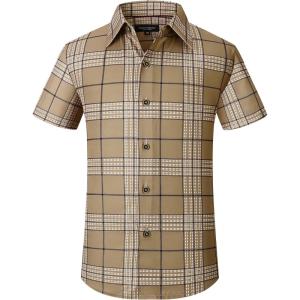 Alex Vando Boys Button Down Shirts Short Sleeve Wrinkle Free 4-Way Stretch Print Casual Shirt(Khaki)