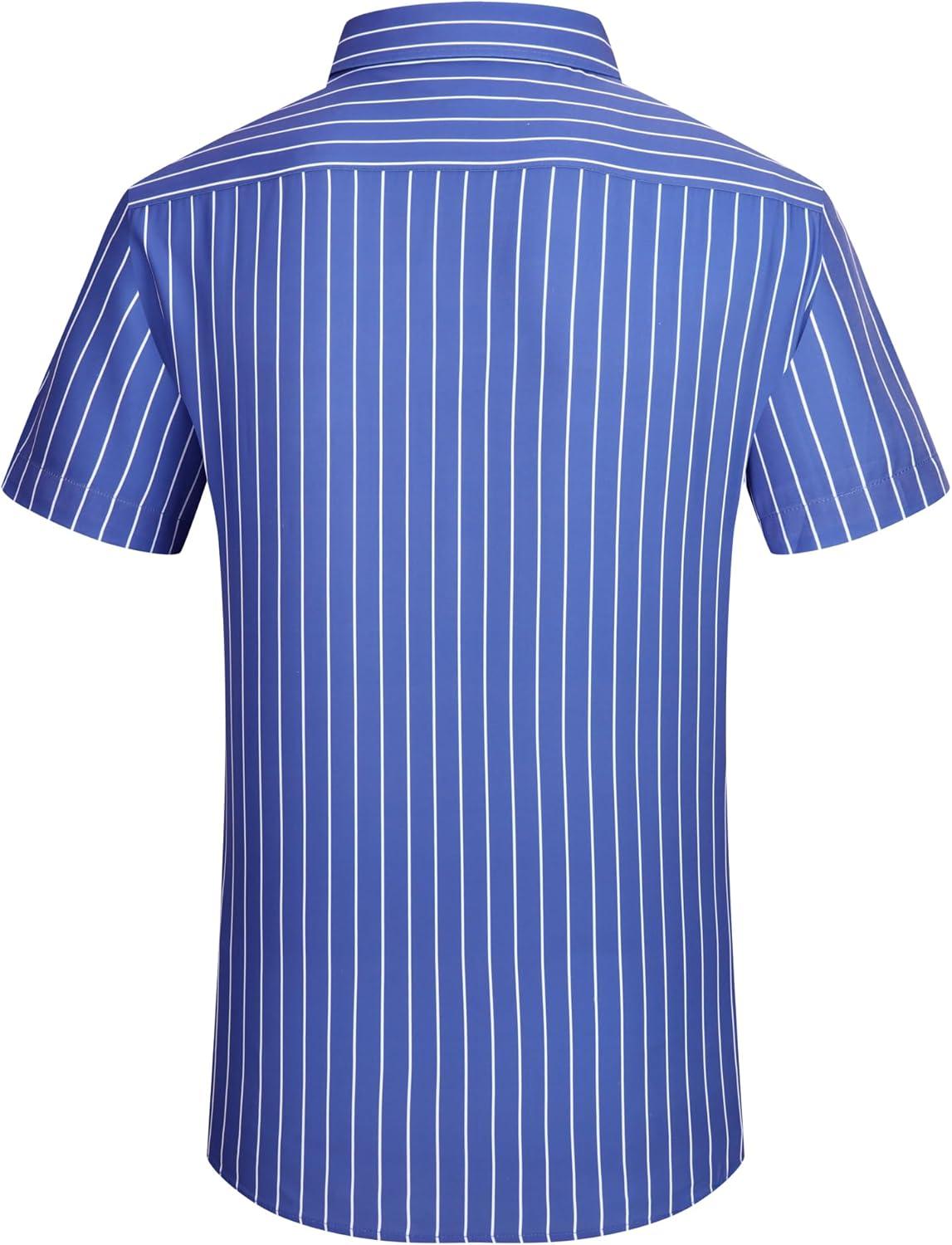 imageAlex Vando Mens Button Down Shirts Wrinkle Free 4Way Stretch Short Sleeve Business Casual ShirtBlue Stripe