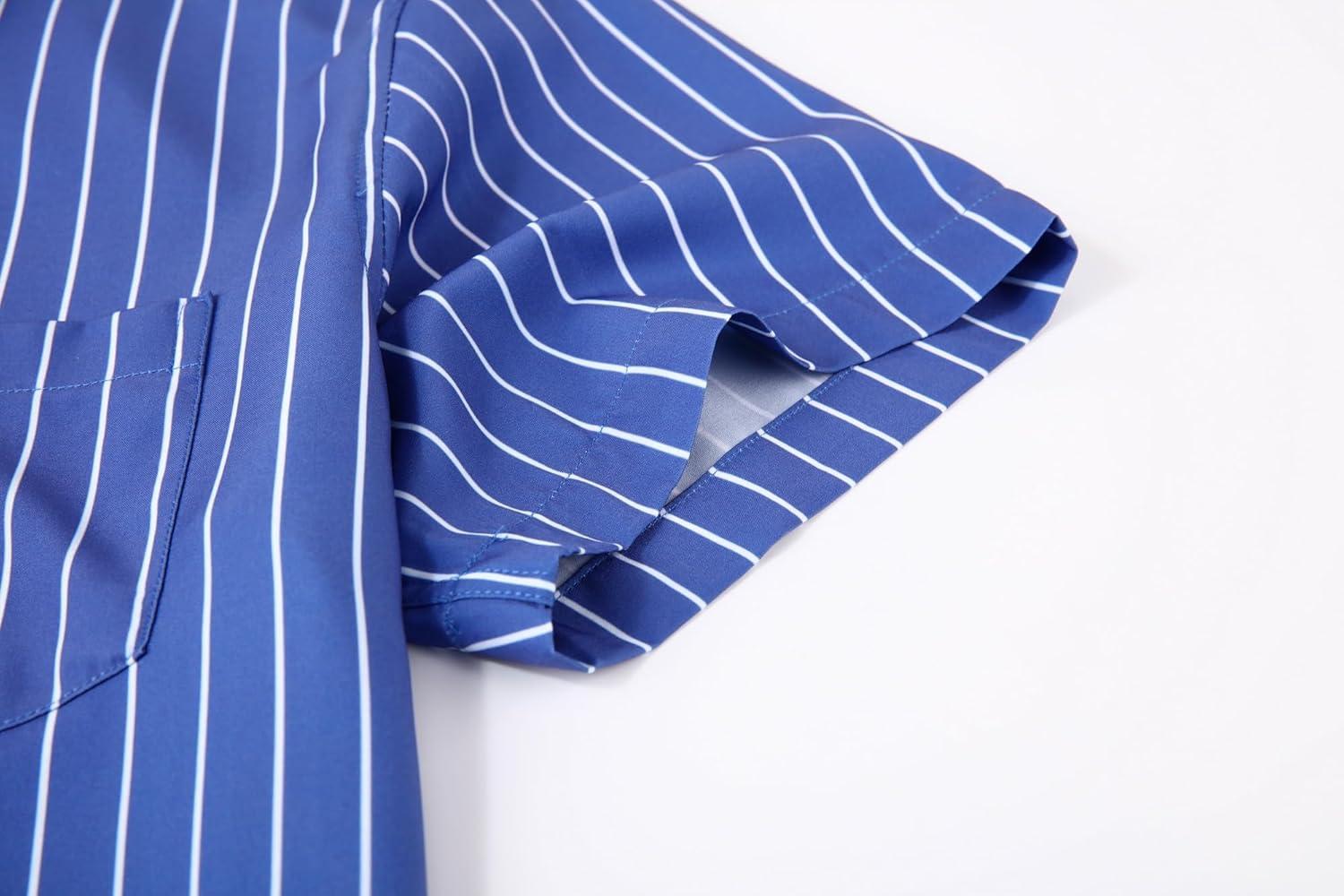 imageAlex Vando Mens Button Down Shirts Wrinkle Free 4Way Stretch Short Sleeve Business Casual ShirtBlue Stripe