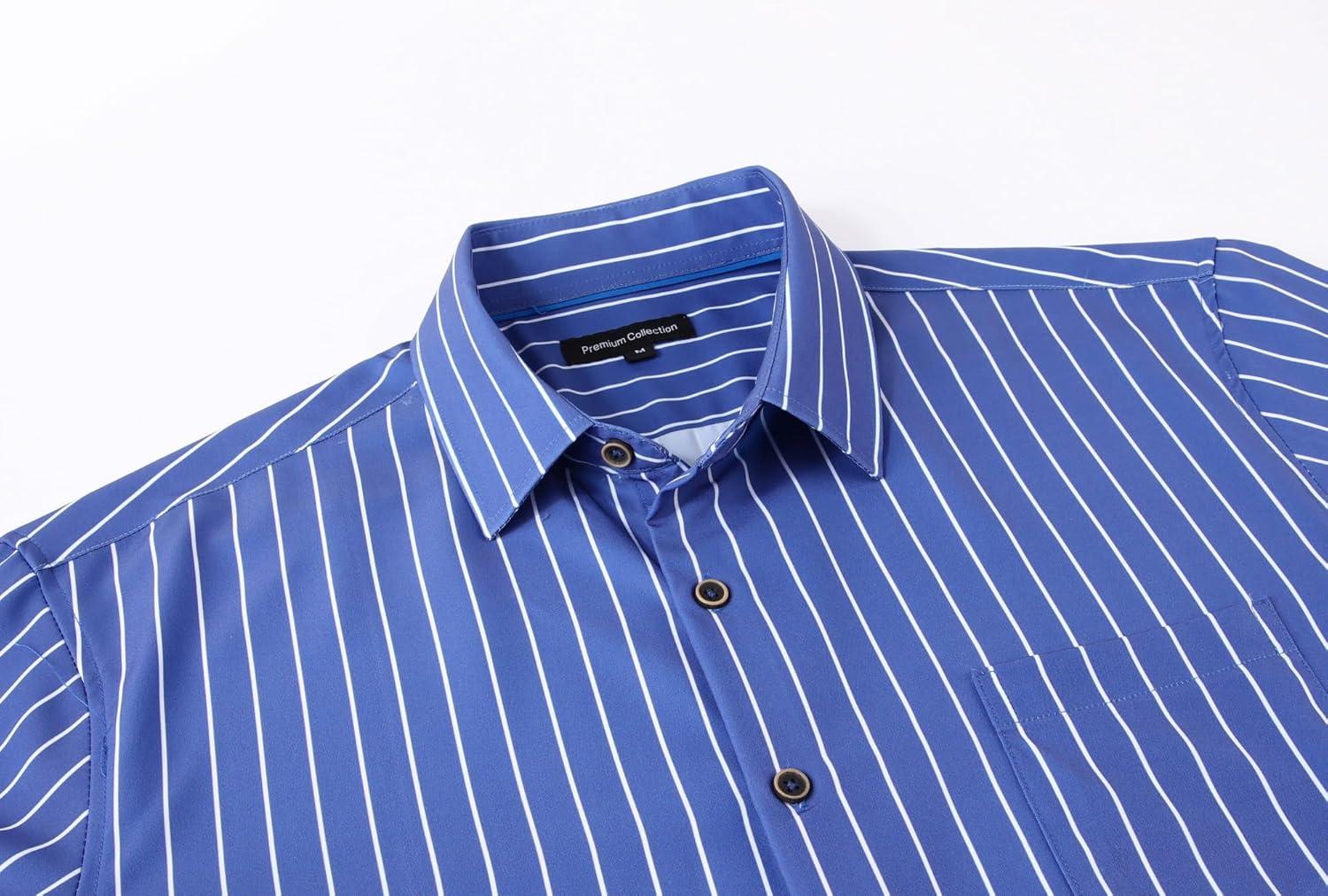 imageAlex Vando Mens Button Down Shirts Wrinkle Free 4Way Stretch Short Sleeve Business Casual ShirtBlue Stripe