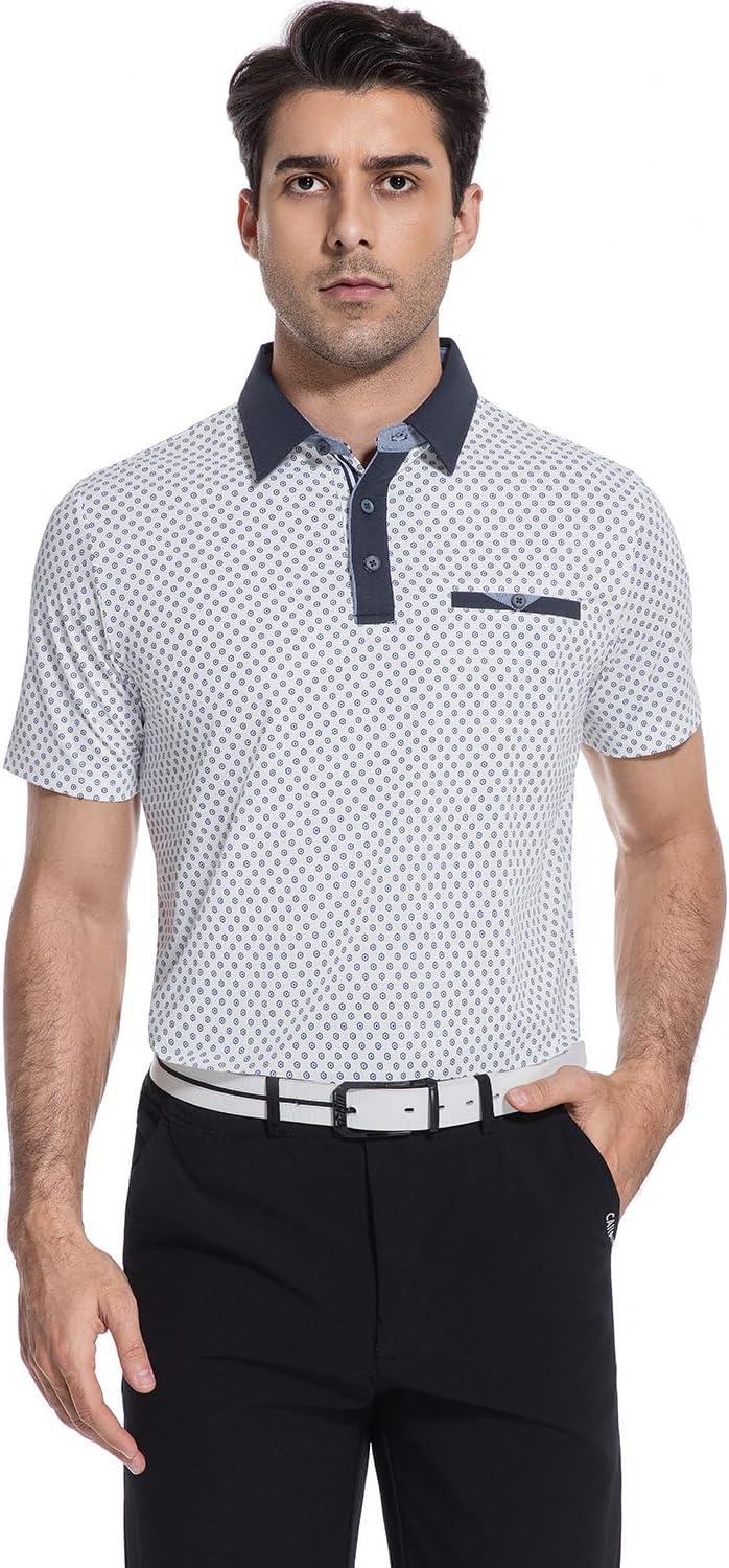 imageAlex Vando Mens Golf Shirts Moisture Wicking QuickDry Short Sleeve Print Performance Polo Shirts for MenHexagonbluedot