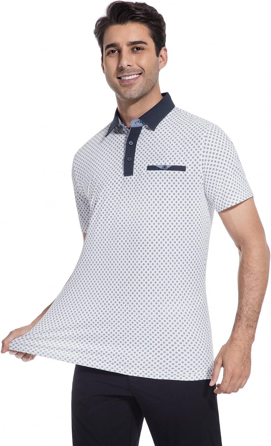imageAlex Vando Mens Golf Shirts Moisture Wicking QuickDry Short Sleeve Print Performance Polo Shirts for MenHexagonbluedot
