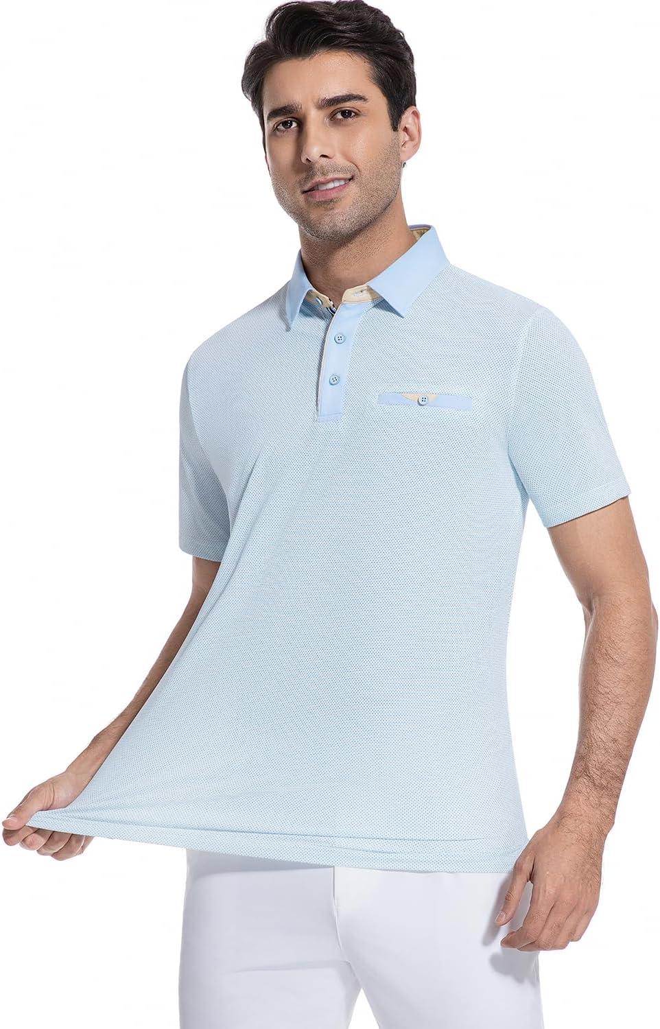 imageAlex Vando Mens Golf Shirts Moisture Wicking QuickDry Short Sleeve Print Performance Polo Shirts for MenLightbluedot