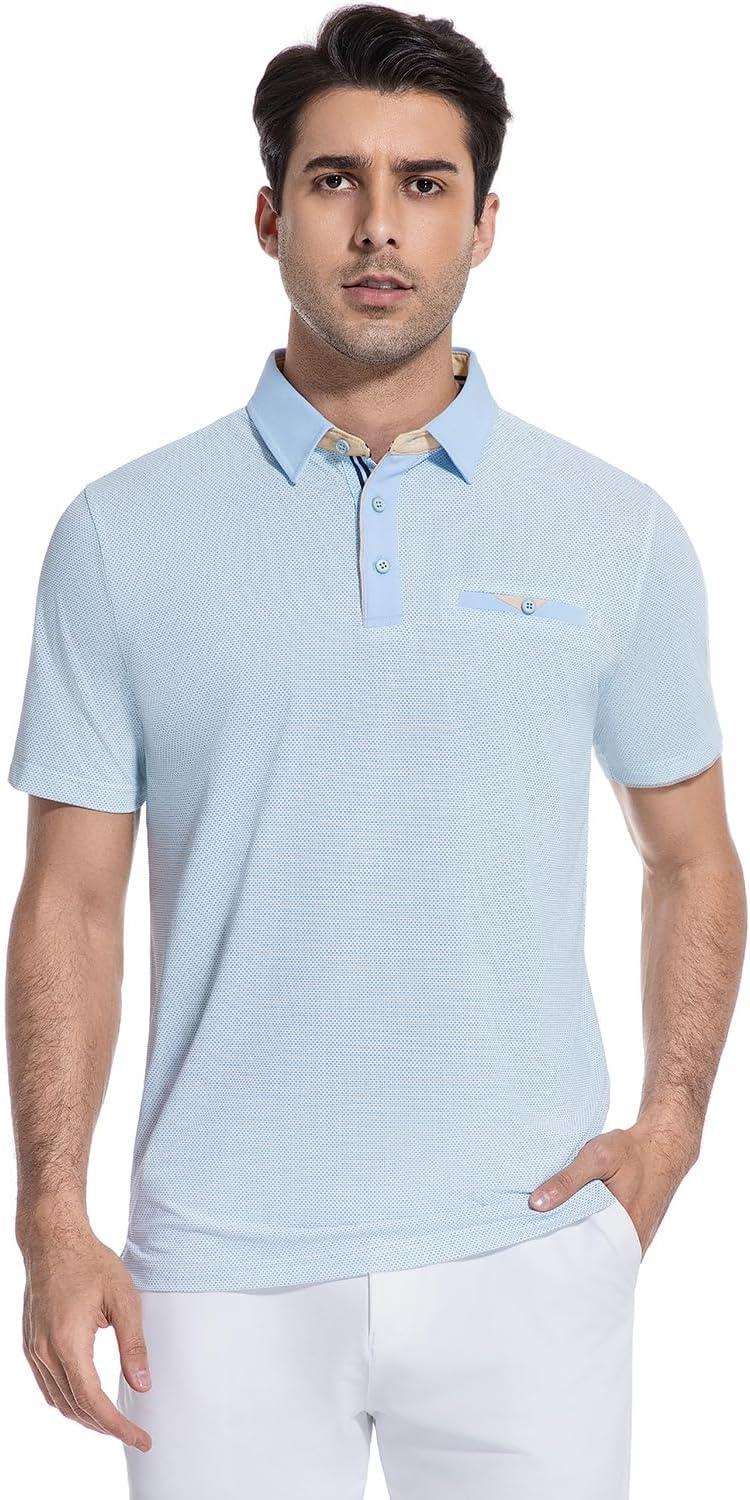 imageAlex Vando Mens Golf Shirts Moisture Wicking QuickDry Short Sleeve Print Performance Polo Shirts for MenLightbluedot