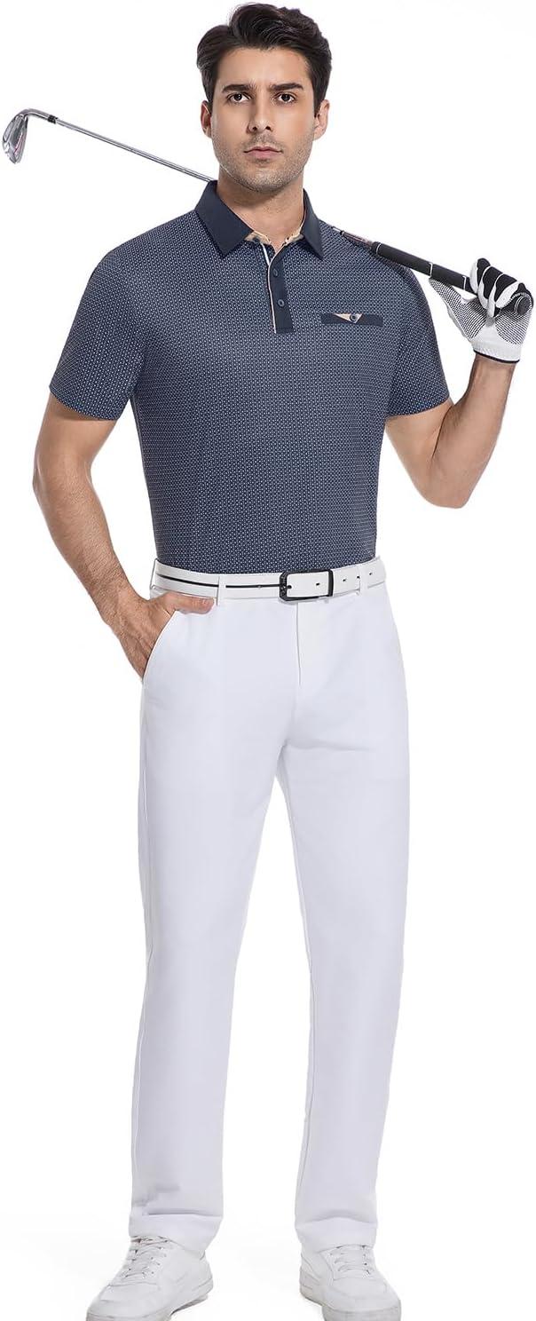 imageAlex Vando Mens Golf Shirts Moisture Wicking QuickDry Short Sleeve Print Performance Polo Shirts for MenNavygeometry