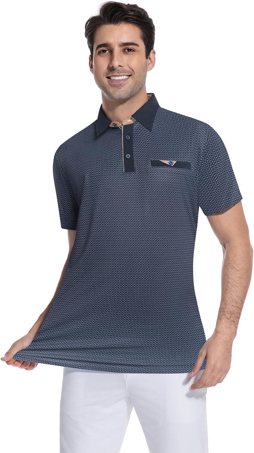 imageAlex Vando Mens Golf Shirts Moisture Wicking QuickDry Short Sleeve Print Performance Polo Shirts for MenNavygeometry