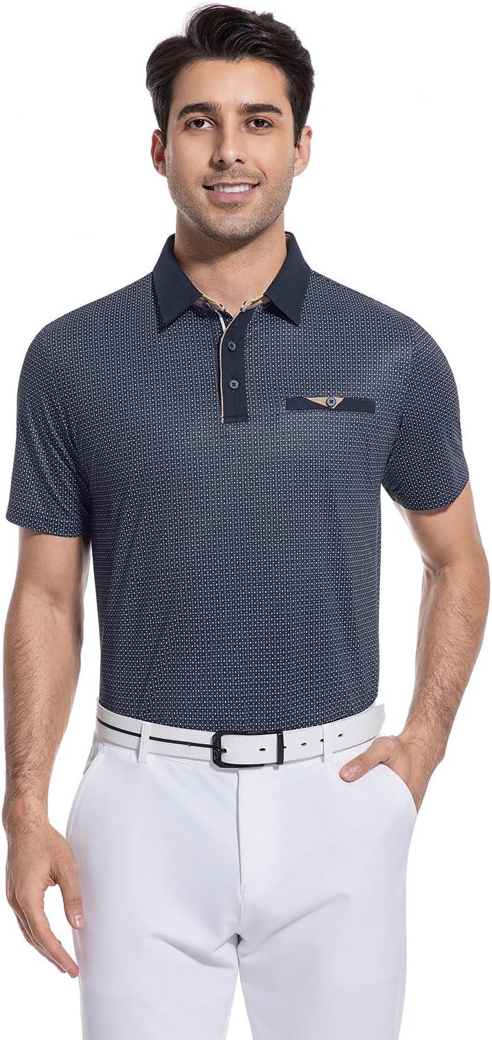 imageAlex Vando Mens Golf Shirts Moisture Wicking QuickDry Short Sleeve Print Performance Polo Shirts for MenNavygeometry