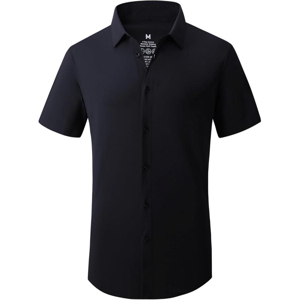 imageAlex Vando Mens Button Down Shirts Wrinkle Free 4Way Stretch Short Sleeve Business Casual ShirtBlack
