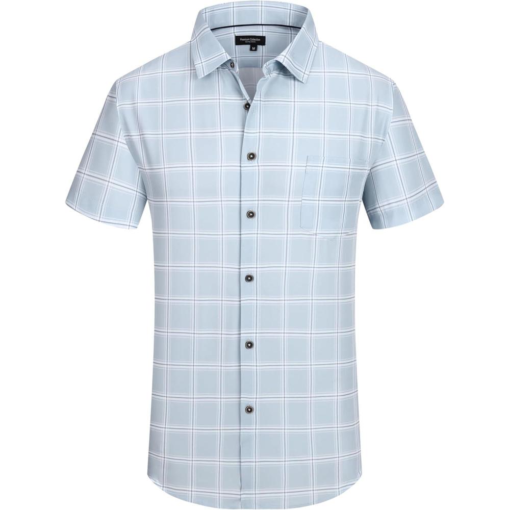 imageAlex Vando Mens Button Down Shirts Wrinkle Free 4Way Stretch Short Sleeve Business Casual ShirtBlue Square