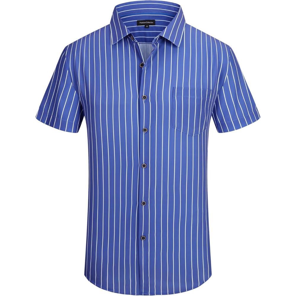 imageAlex Vando Mens Button Down Shirts Wrinkle Free 4Way Stretch Short Sleeve Business Casual ShirtBlue Stripe