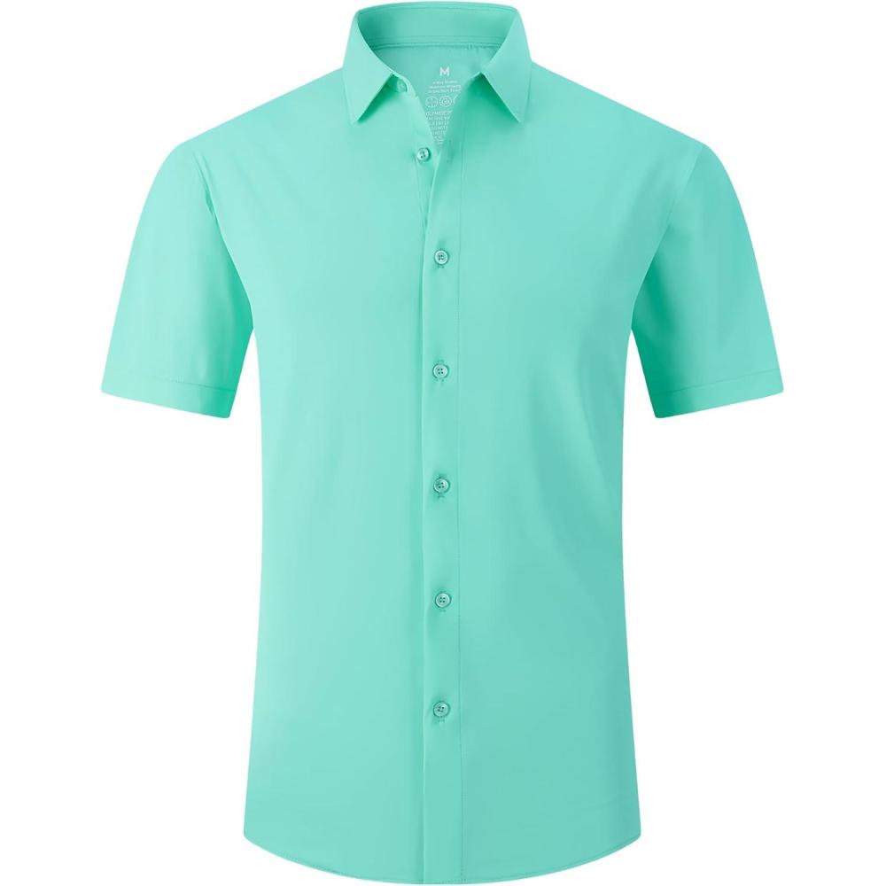 imageAlex Vando Mens Button Down Shirts Wrinkle Free 4Way Stretch Short Sleeve Business Casual ShirtGreen