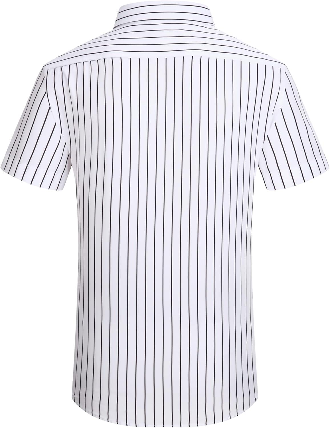 imageAlex Vando Mens Button Down Shirts Wrinkle Free 4Way Stretch Short Sleeve Business Casual ShirtWhite Stripe