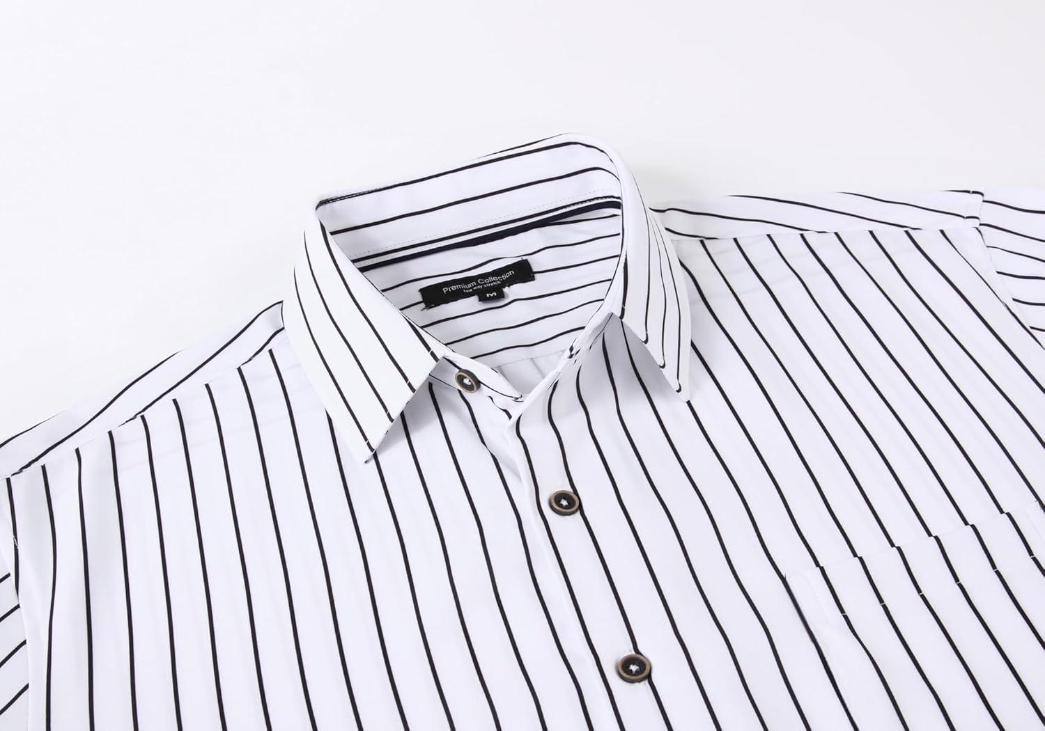 imageAlex Vando Mens Button Down Shirts Wrinkle Free 4Way Stretch Short Sleeve Business Casual ShirtWhite Stripe