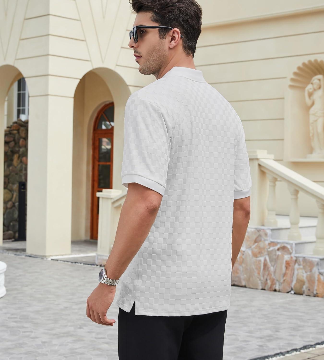 imageAlex Vando Mens Polo Shirts Short Sleeve Regular Fit Fashion Designed ShirtWhite Jacquard