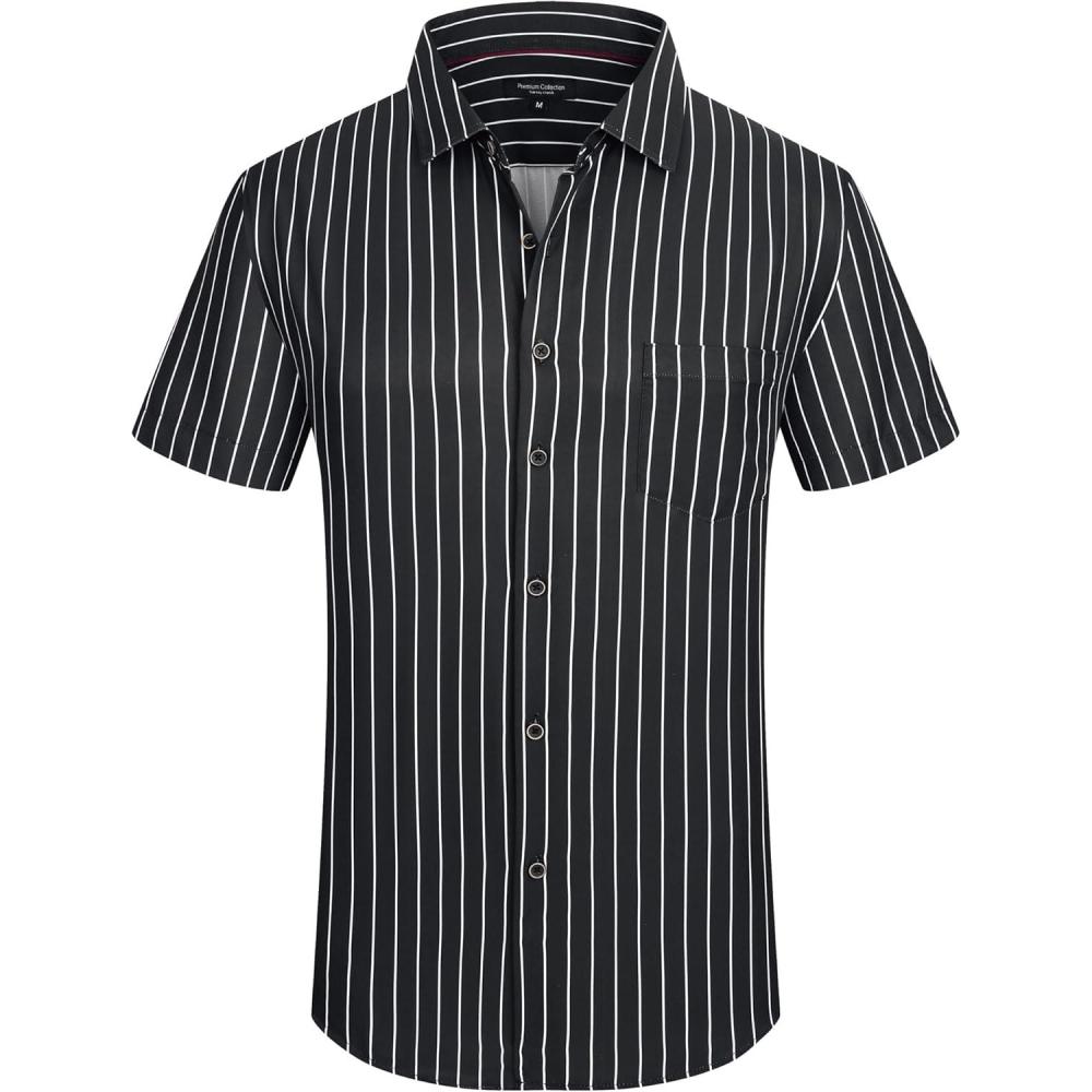 imageAlex Vando Mens Button Down Shirts Wrinkle Free 4Way Stretch Short Sleeve Business Casual ShirtBlack Stripe