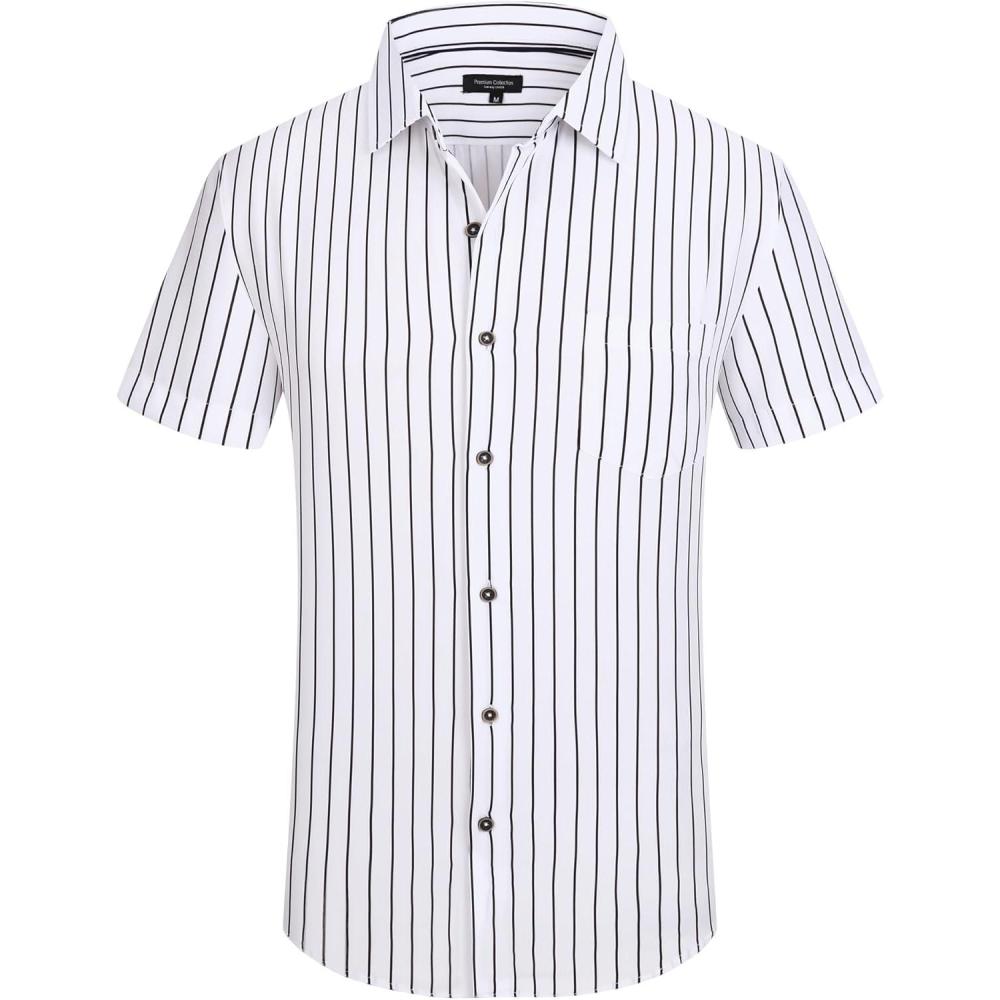 imageAlex Vando Mens Button Down Shirts Wrinkle Free 4Way Stretch Short Sleeve Business Casual ShirtWhite Stripe