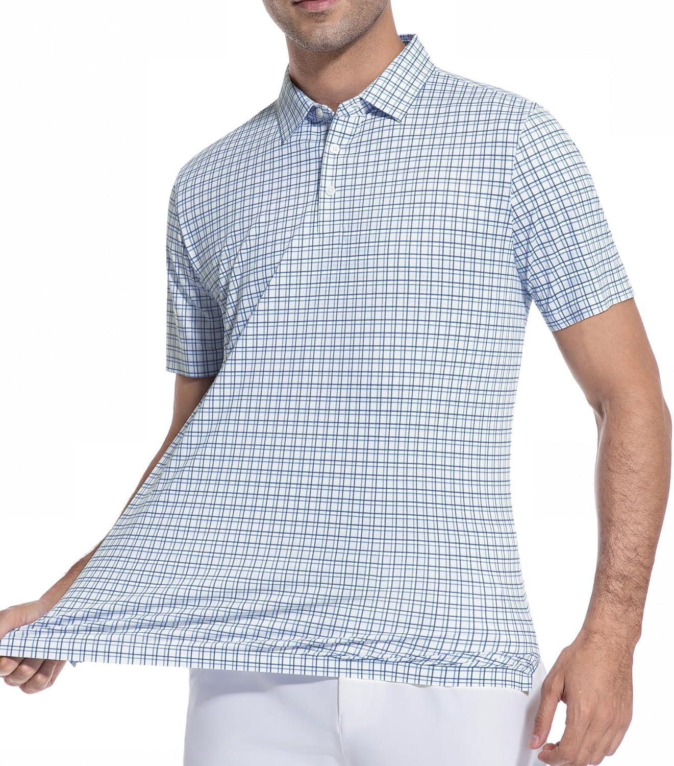 imageAlex Vando Mens Printed Golf Shirt Cooling Performance Short Sleeve Stretch Dress Polo Shirts MenBlue Navy Check