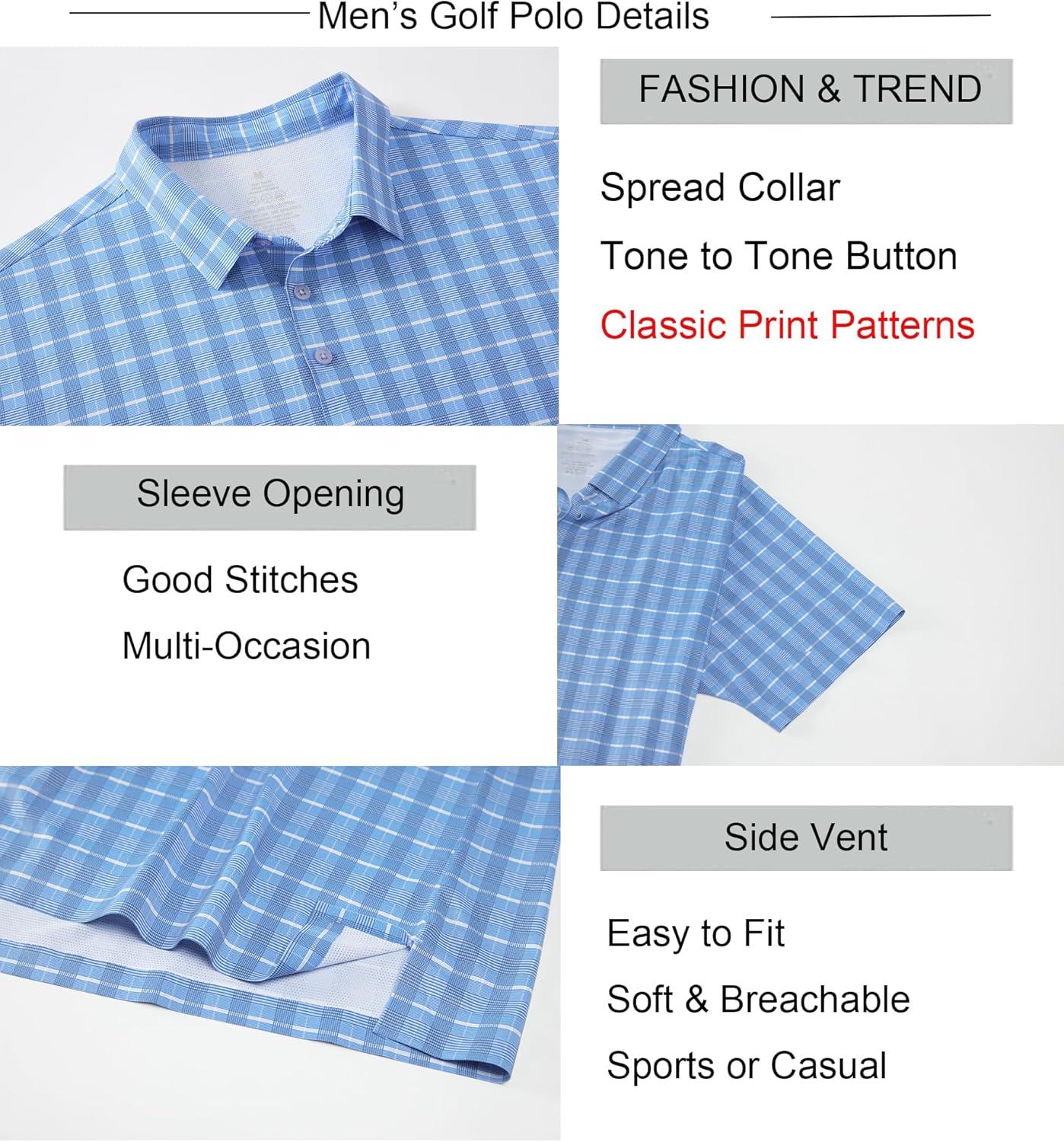 imageAlex Vando Mens Printed Golf Shirt Cooling Performance Short Sleeve Stretch Dress Polo Shirts MenBlue White Check