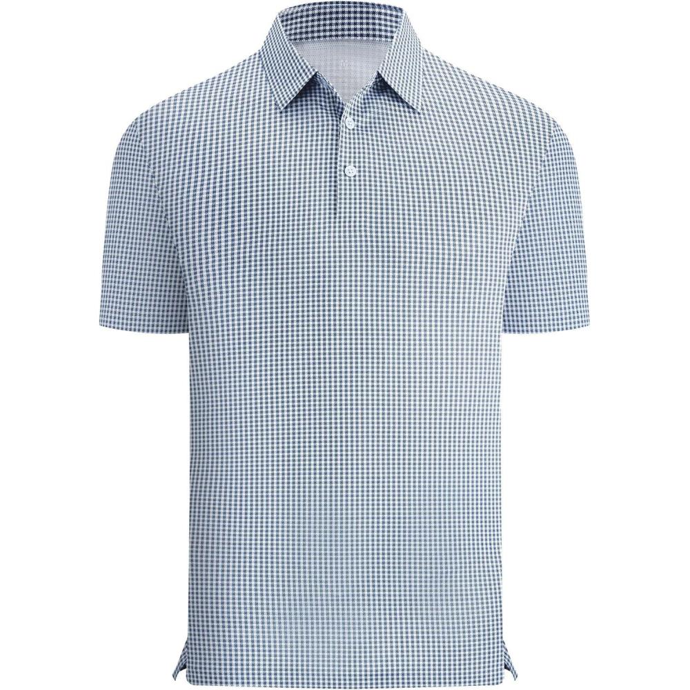 imageAlex Vando Mens Printed Golf Shirt Cooling Performance Short Sleeve Stretch Dress Polo Shirts MenBlue Grey Check