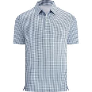 Alex Vando Men’s Printed Golf Shirt Cooling Performance Short Sleeve Stretch Dress Polo Shirts Men(Blue Grey Check)