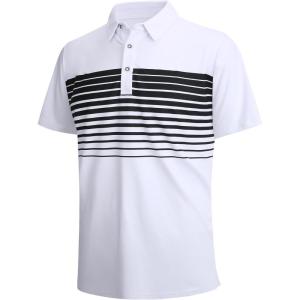 Alex Vando Mens Golf Shirt Moisture Wicking Quick-Dry Short Sleeve Casual Polo Shirts for Men(White Stripe 87)