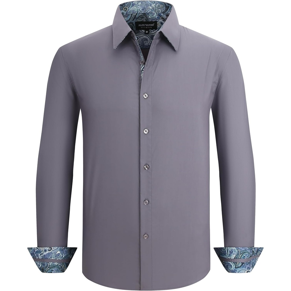 imageAlex Vando Mens Cotton Stretch Dress Shirt Regular Fit Fashion Contrast Button Down Business Casual ShirtsCharcoal