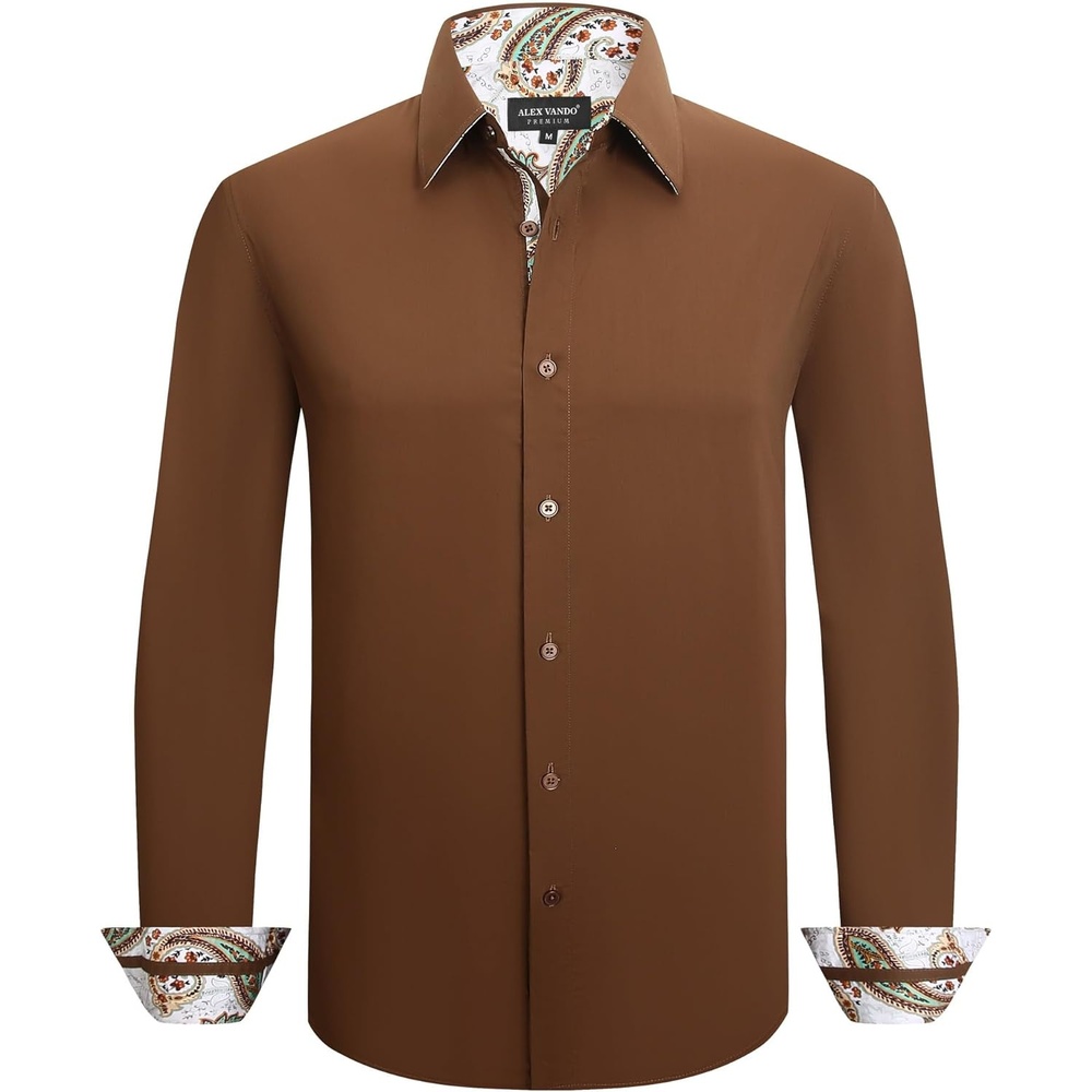 imageAlex Vando Mens Cotton Stretch Dress Shirt Regular Fit Fashion Contrast Button Down Business Casual ShirtsCoffee