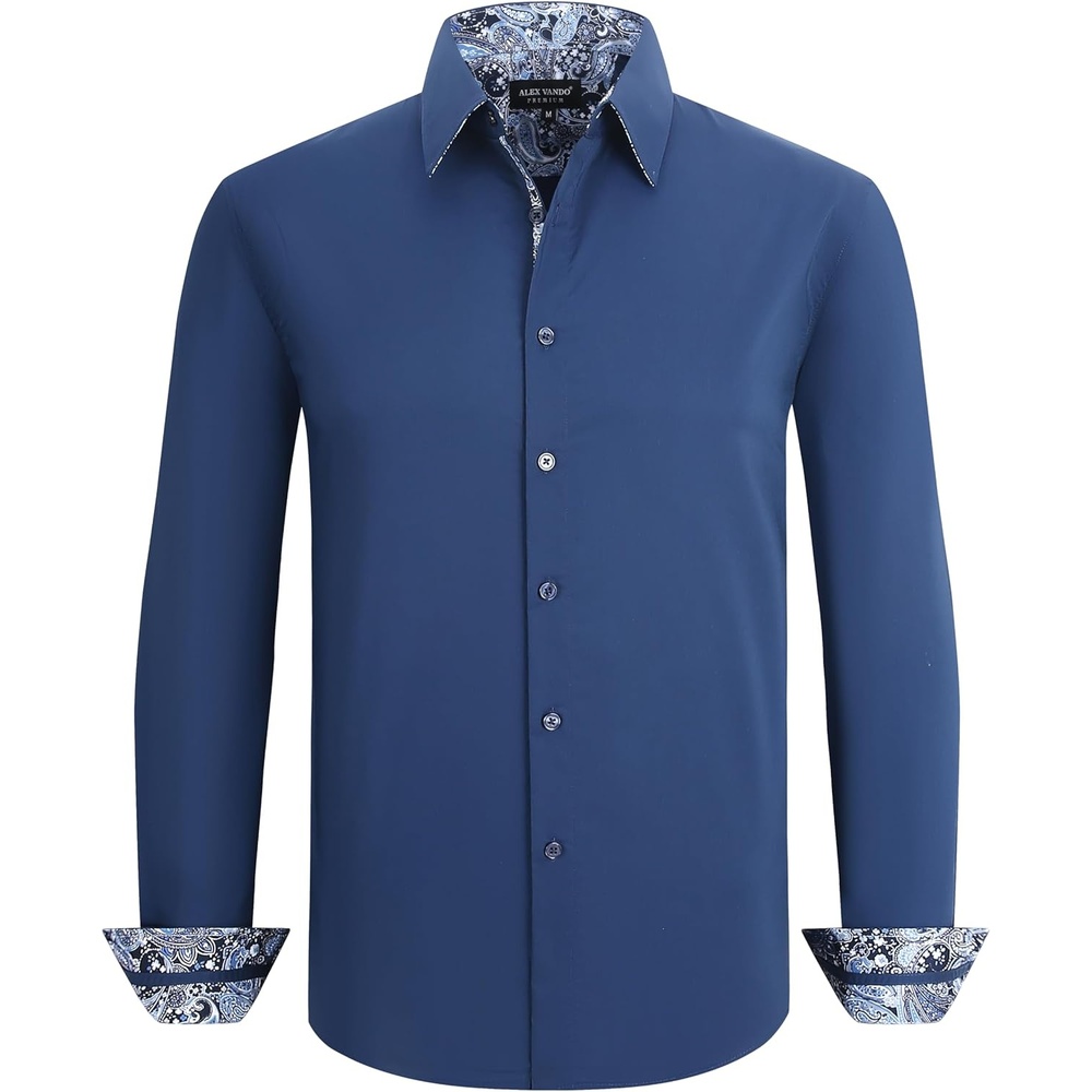 imageAlex Vando Mens Cotton Stretch Dress Shirt Regular Fit Fashion Contrast Button Down Business Casual ShirtsNavy