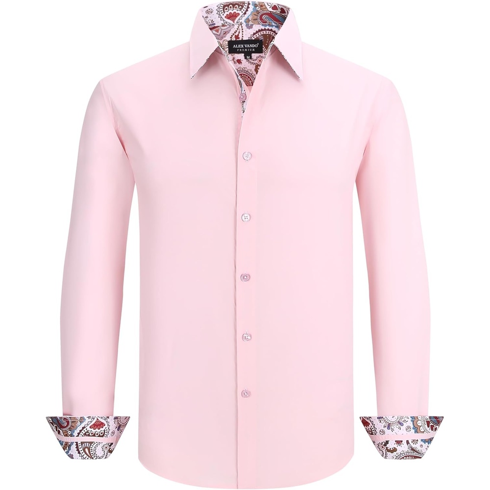 imageAlex Vando Mens Cotton Stretch Dress Shirt Regular Fit Fashion Contrast Button Down Business Casual ShirtsPink