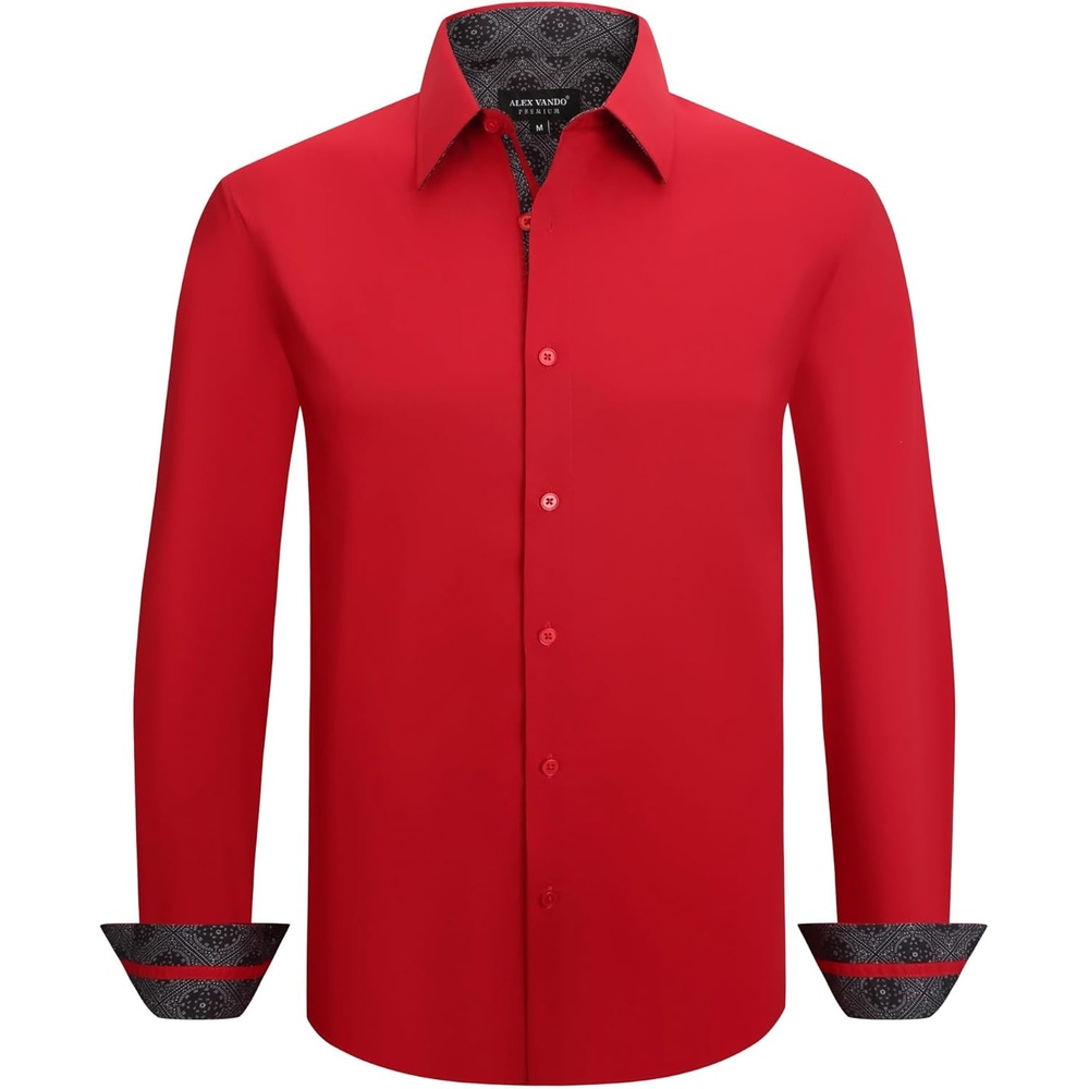 imageAlex Vando Mens Cotton Stretch Dress Shirt Regular Fit Fashion Contrast Button Down Business Casual ShirtsRed