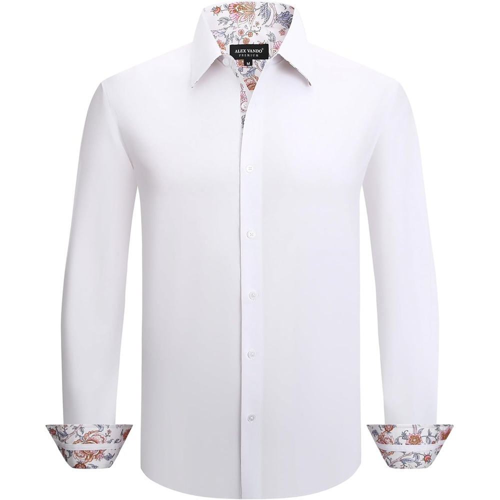 imageAlex Vando Mens Cotton Stretch Dress Shirt Regular Fit Fashion Contrast Button Down Business Casual ShirtsWhite
