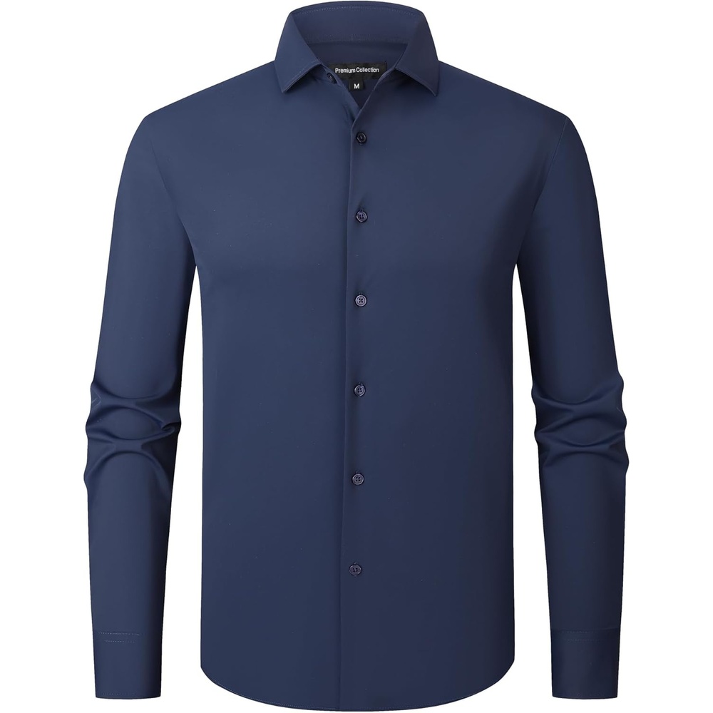 imageAlex Vando Mens Stretch Dress Shirt Regular Fit Long Sleeve Wrinkle Resistant Business Casual Shirt for Office WorkNavy