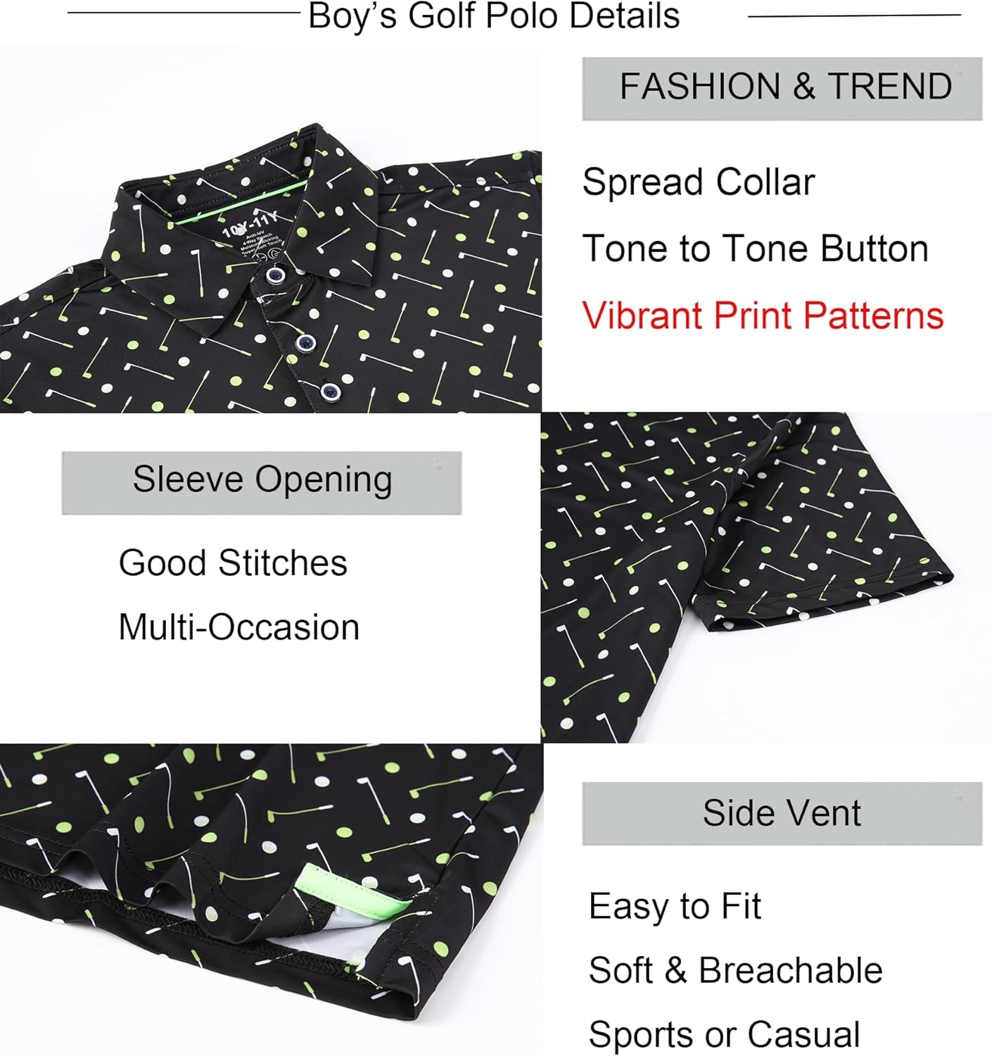 image:imageAlex Vando Boys Polo Shirt Hawaiian Golf Short Sleeve Moisture Wicking Quick Dry Stretch Print Casual Summer TopsBlackgolf