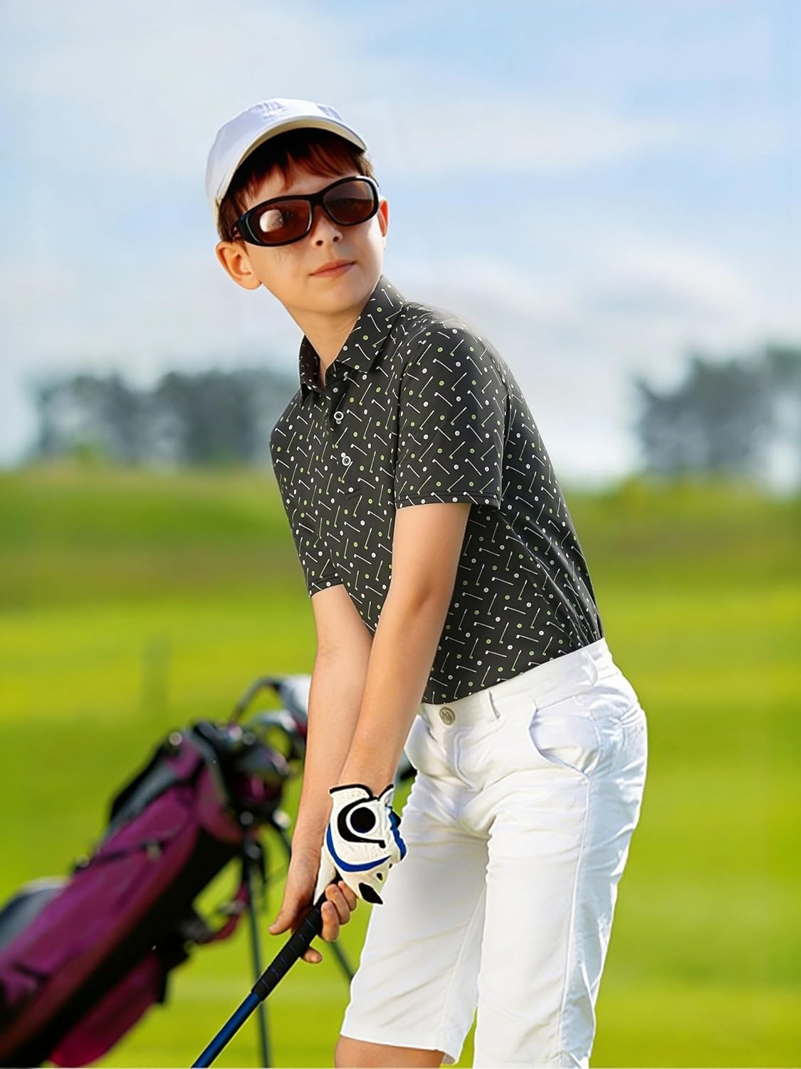 image:imageAlex Vando Boys Polo Shirt Hawaiian Golf Short Sleeve Moisture Wicking Quick Dry Stretch Print Casual Summer TopsBlackgolf