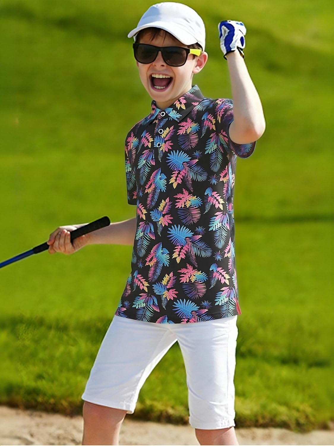 image:imageAlex Vando Boys Polo Shirt Hawaiian Golf Short Sleeve Moisture Wicking Quick Dry Stretch Print Casual Summer TopsBlackleaves